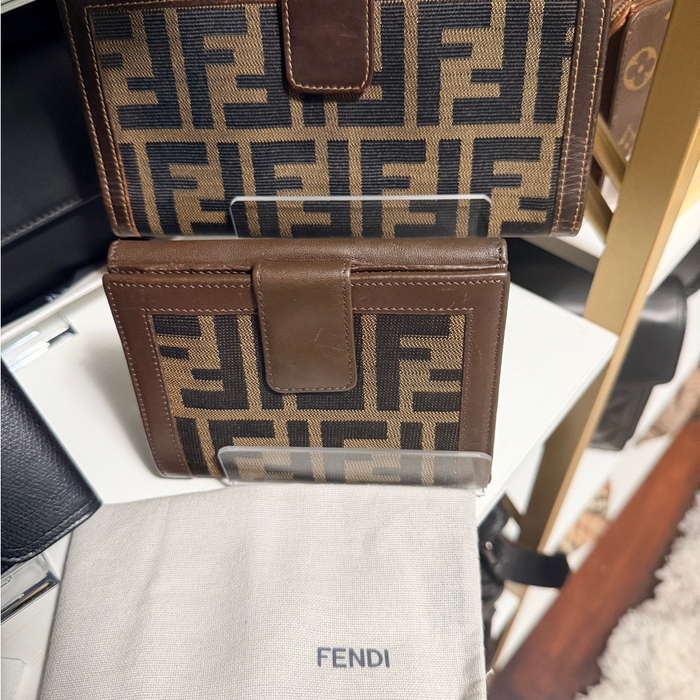Fendi Brown Zucca Logo Canvas Bi-Fold Wallet with Leather Trim